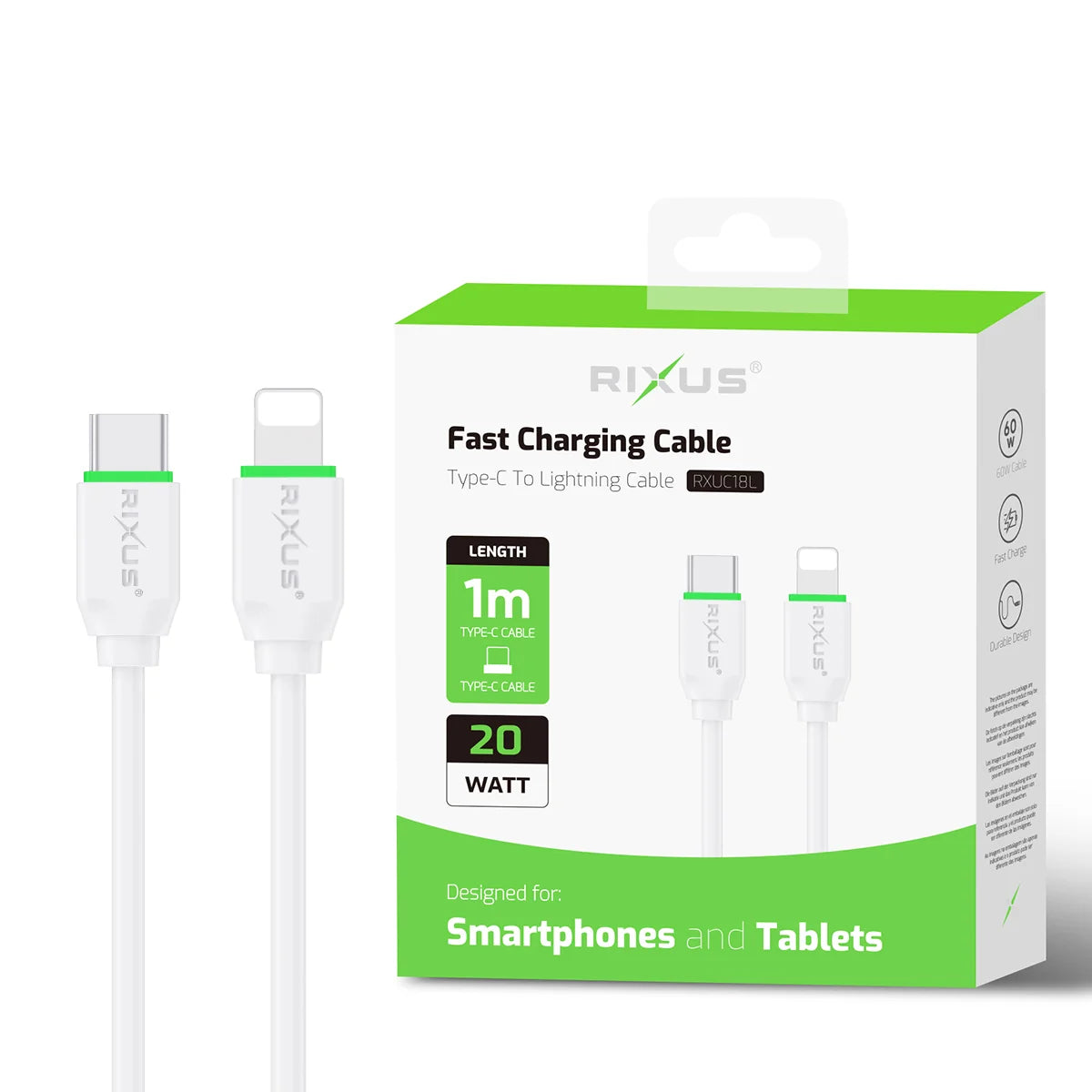 Rixus USB-C auf Lightning Ladekabel 1m, weiß Ladekabel / Datenkabel