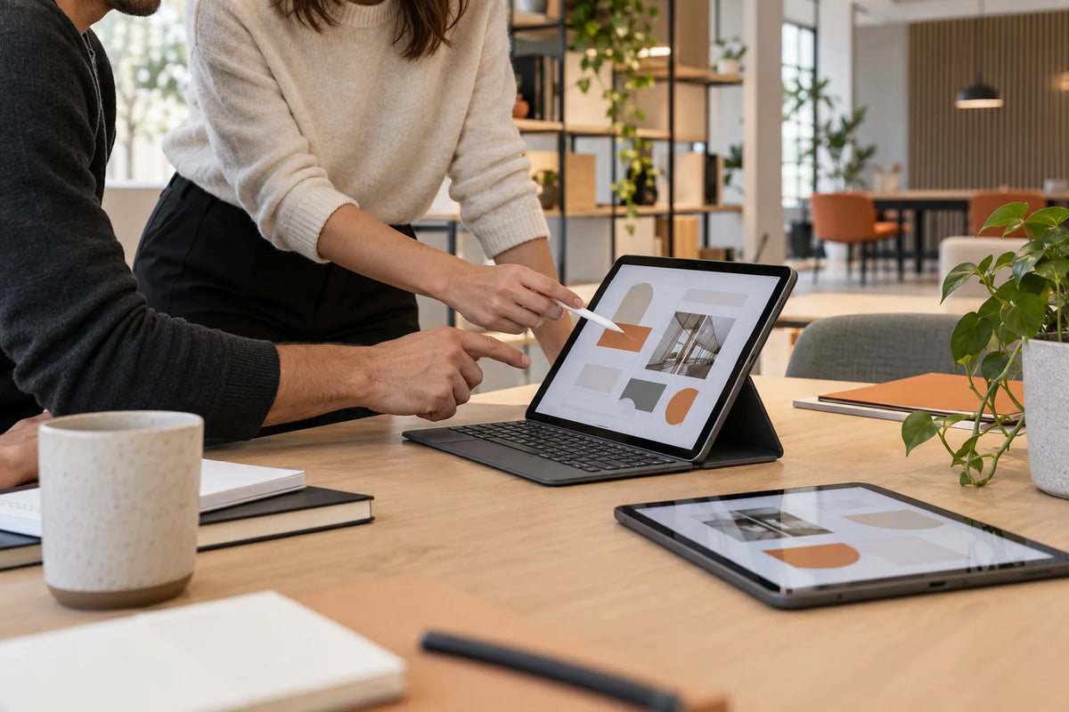 Zusammenarbeit an einem Tablet in einem modernen Büro – illustratives ClaZo-Motiv