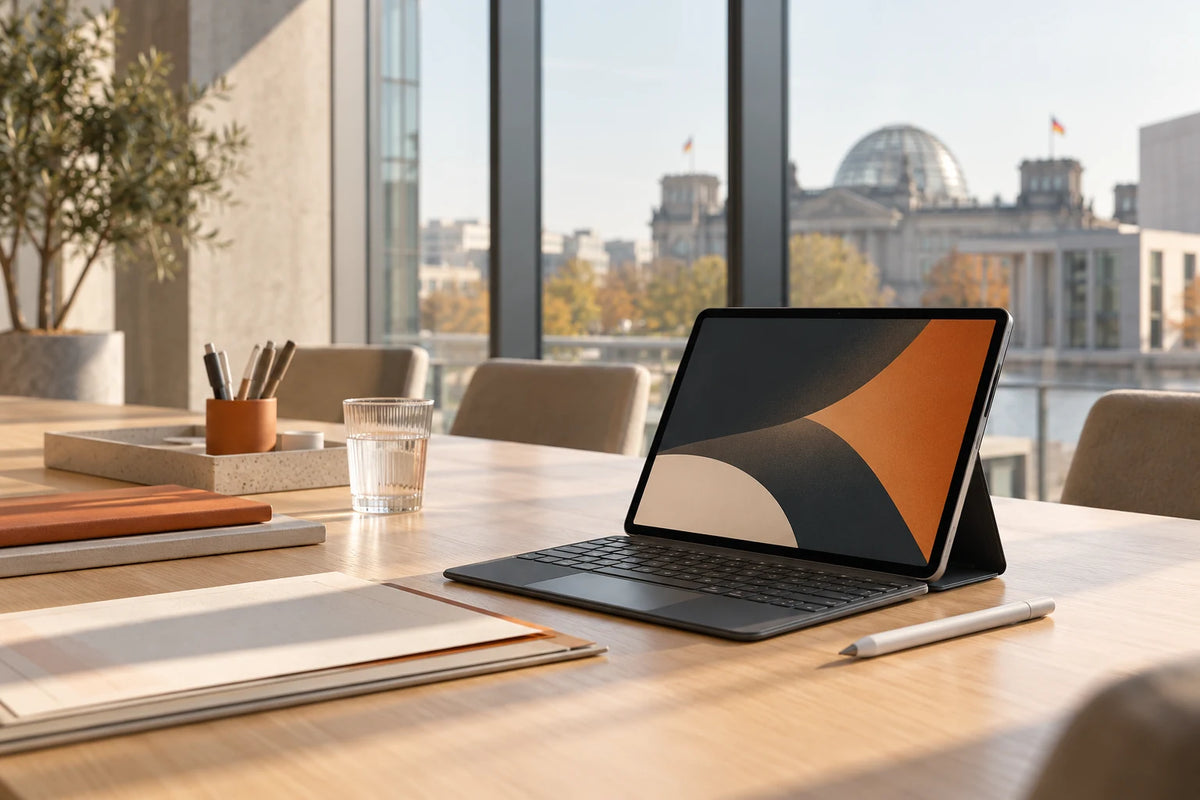 Tablet-Arbeitsplatz in einem modernen Büro – illustratives ClaZo-Motiv